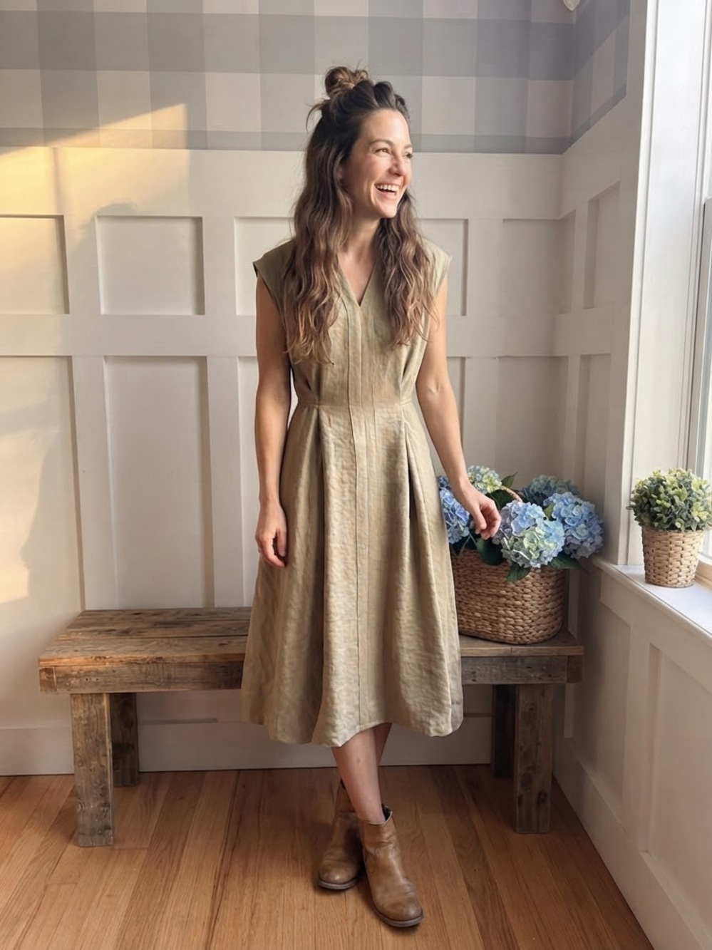 OGL Olive-Tan V-Neck A-Line Midi Dress Medium